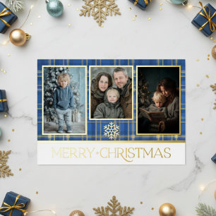 Carte De Vœux En Aluminium Bleu et Or Tartan Carreaux Joyeux Noël Photo