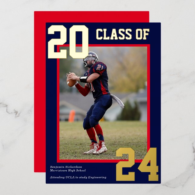 Carte De Vœux En Aluminium Bleu et rouge Varsity Graduation Photo (Recto/Verso)