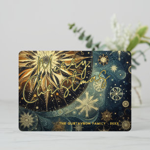 Carte De Vœux En Aluminium Bleu foncé Abstrait Flocon de neige Art Floral Or