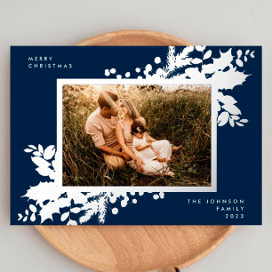 Carte De Vœux En Aluminium Bleu marine Joyeux Noël Photo Holly Argent