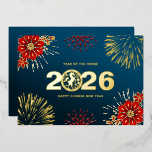Carte De Vœux En Aluminium Bleu Or Joyeuse Nouvelle Année Chinoise du Cheval