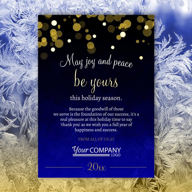 Carte De Vœux En Aluminium Blue and Gold Shimmery Lights Entreprise Noël (dark blue royal blue company holiday christmas card business logo greeting shimmering gold lights)