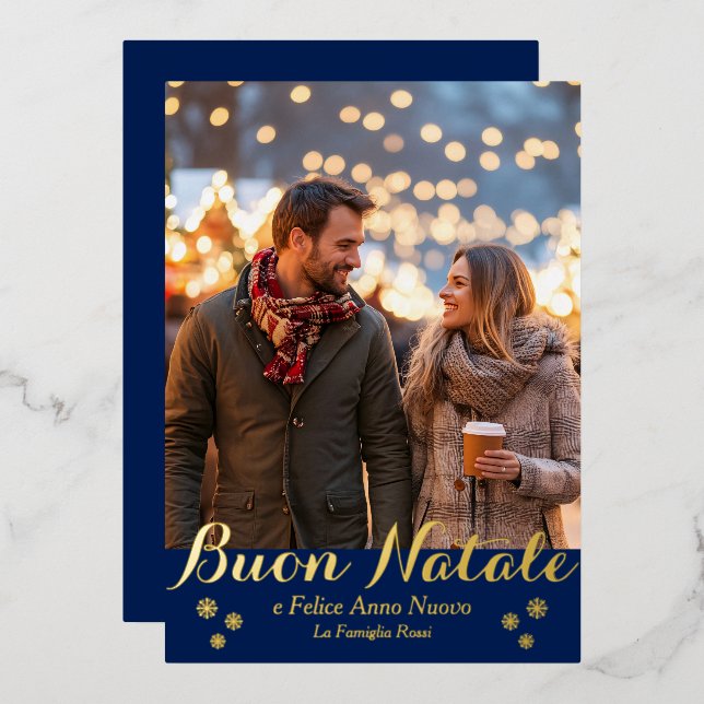 Carte De Vœux En Aluminium Blue Buon Natale e Felice Anno Nuovo Script Photo (Recto/Verso)