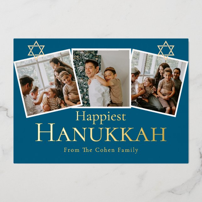 Carte De Vœux En Aluminium Blue Calligraphy Happiest Hanoukka famille 3 photo (Recto)