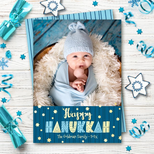 Carte De Vœux En Aluminium Blue Happy Hanoukka Photo Cute Modern Real Gold (Créateur téléchargé)
