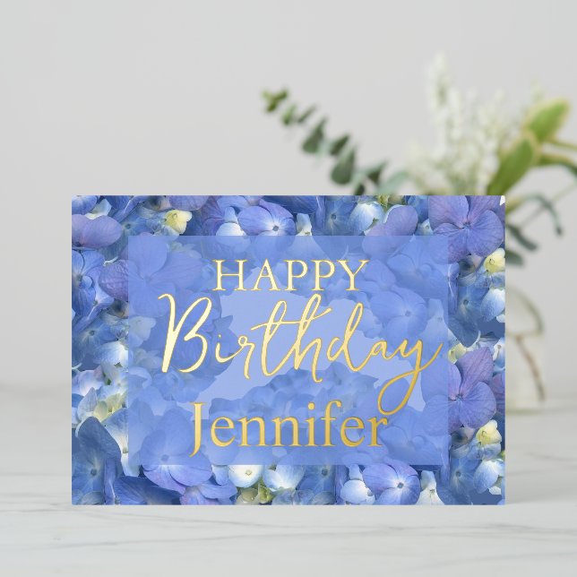 Carte De Vœux En Aluminium Blue Hydrangeas Blooms Joyeux anniversaire (Debout devant)