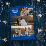 Carte De Vœux En Aluminium Blue Menorah Peace Love Light Photo Collage Gold<br><div class="desc">Carte de vacances en feuille d'or avec une menorah hanoukka,  un collage photo de quatre photos,  lumière d'amour de la paix en feuille d'or,  et votre nom de famille en feuille d'or aussi.</div>