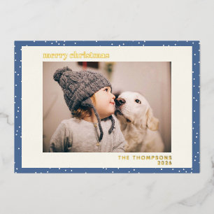 Carte De Vœux En Aluminium Blue Polka Dot Neige Simple Photo Or