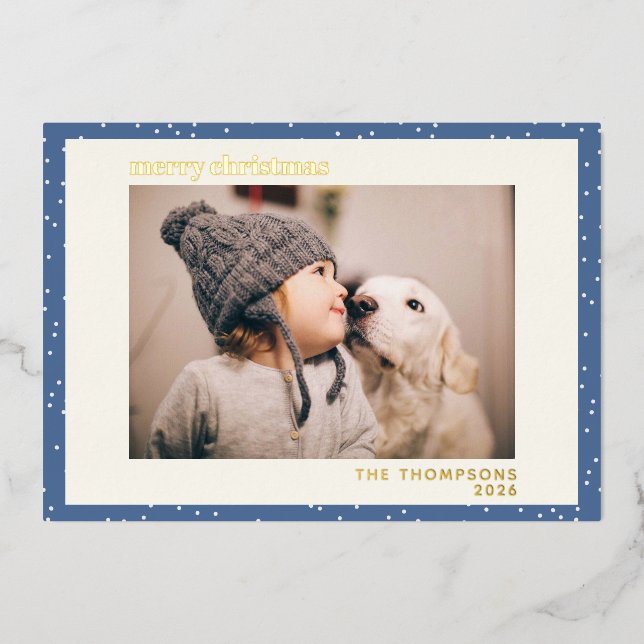 Carte De Vœux En Aluminium Blue Polka Dot Neige Simple Photo Or (Recto)