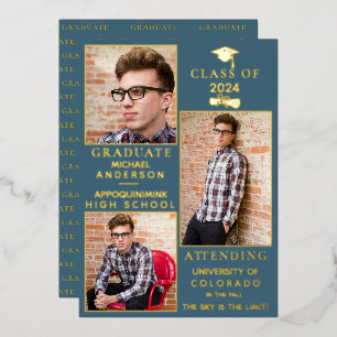Carte De Vœux En Aluminium Blue-Suede Gold Foil HS Faire-part de graduation