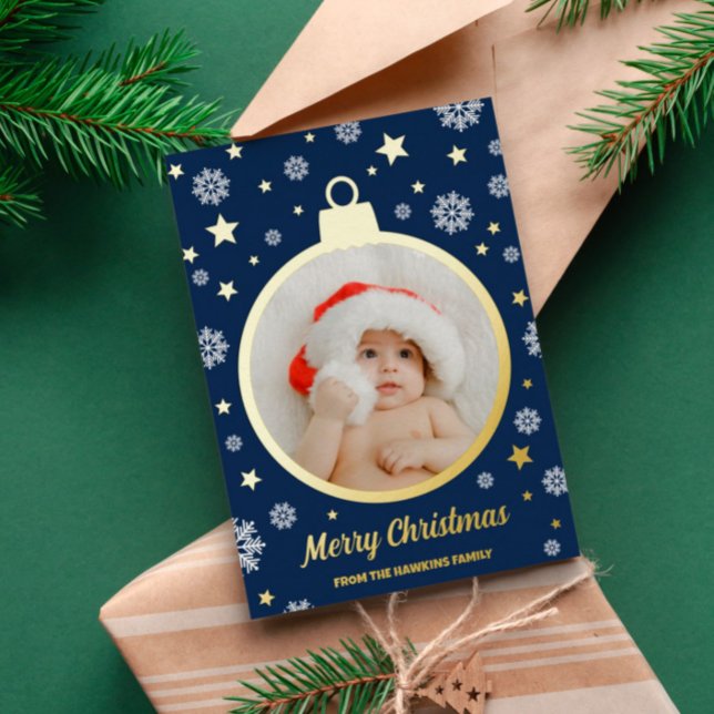 Carte De Vœux En Aluminium BlueSnowflakes & Gold Stars Joyeux Noël Bauble (Créateur téléchargé)