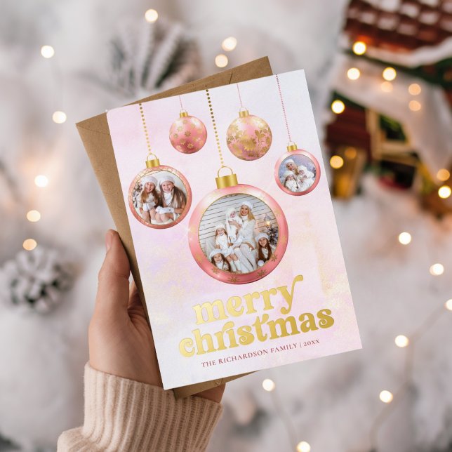 Carte De Vœux En Aluminium Blush Pink & Gold Ornament Photo Christmas  (Blush Pink & Gold Ornament Photo Christmas Foil Holiday Card)