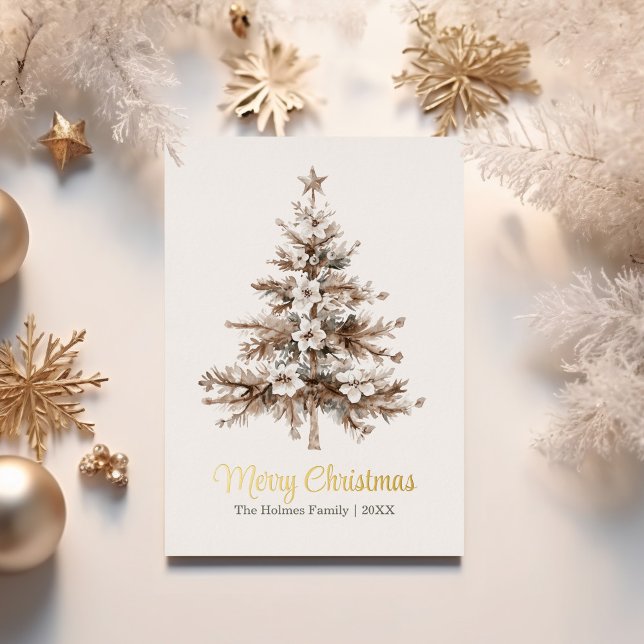 Carte De Vœux En Aluminium Boho Aquarelle Arbre de Noël non photo (Boho Watercolor Christmas Tree Non Photo Foil Holiday Card)