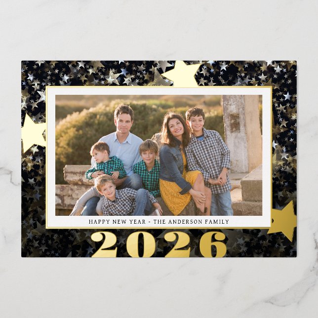 Carte De Vœux En Aluminium Bonne année 2026 étoile confettis photo (Recto)