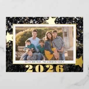Carte De Vœux En Aluminium Bonne année 2026 Étoiles Confettis Photo