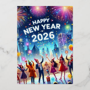 Carte De Vœux En Aluminium Bonne Année 2026 Feux d'Artifice Dorés Feuille de 
