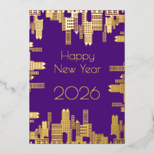 Carte De Vœux En Aluminium Bonne Année - bâtiments dorés