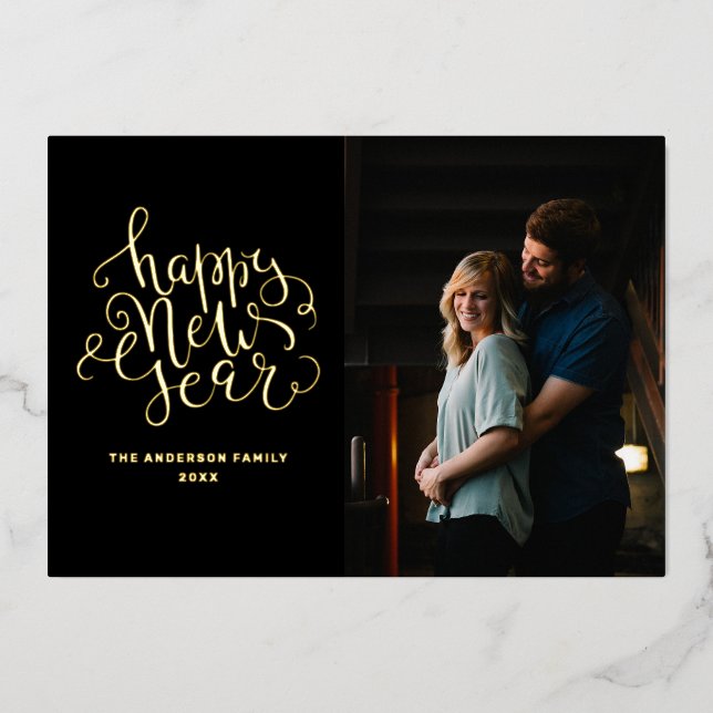 Carte De Vœux En Aluminium Bonne année. Photo d'écriture élégante noire et do (Recto)