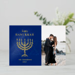 Carte De Vœux En Aluminium Bonne Hanoukka Star de David Menorah<br><div class="desc">Bonne Hanoukka Star de David Menorahdesign carte de vacances photo avec papier d'aluminium</div>