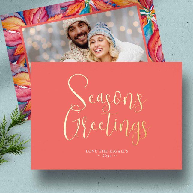 Carte De Vœux En Aluminium Bonnes Fêtes branchées Photo (Seasons Greetings unique holiday photo card watercolor poinsettia art by Victoria Grigaliunas)