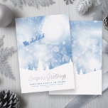 Carte De Vœux En Aluminium Bonnes Fêtes Père Noël Script Blue Snow Real<br><div class="desc">✨ Célébrez la magie de la saison avec cette carte de vacances bleue et blanche, avec de vrais motifs en feuille d'argent et un design de nuit d'hiver rêveur. Une lune éclatante ancre la scène alors que Père Noël et sa silhouette de rennes s'élèvent en bleu profond, entourés de flocons...</div>