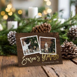 Carte De Vœux En Aluminium Bonnes Fêtes Rustic Gold Script photo<br><div class="desc">Cartes de voeux photos imprimées sur mesure et abordables avec des modèles simples pour la personnalisation. Ce design rustique chic dispose d'un 2 modèle photo avec un texte en véritable feuille d'or sur un arrière - plan à l'aspect bois. Personnalisez-le avec vos photos, nom de famille, année ou autre texte...</div>