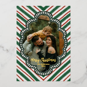Carte De Vœux En Aluminium Bordure de houx rayée rouge vert rétro fantaisiste