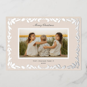 Carte De Vœux En Aluminium Bordure de pin de houx beige Photo Fêtes de Noël d