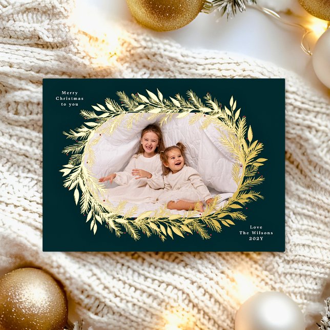 Carte De Vœux En Aluminium botanical christmas photo gold wreath (Créateur téléchargé)