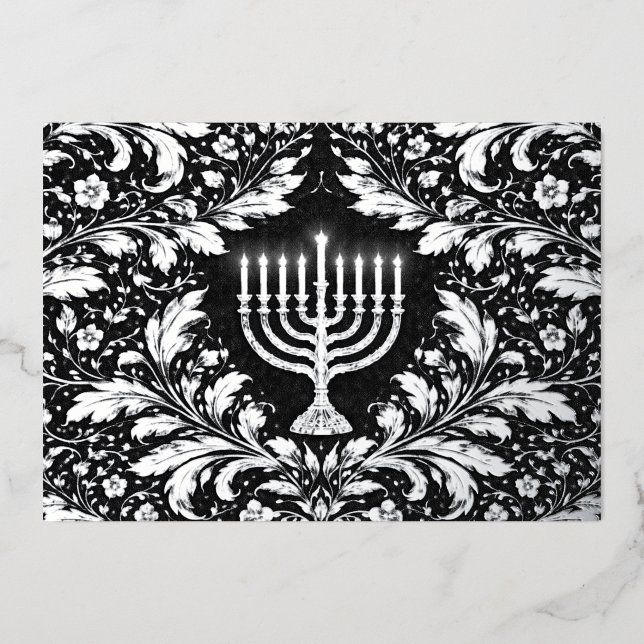 Carte De Vœux En Aluminium Botanical elegant silver menorah Hannukah (Recto)