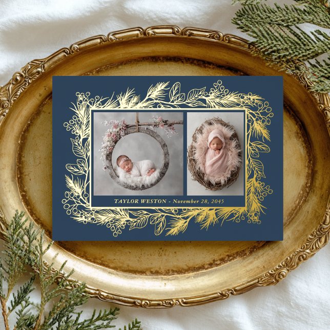 Carte De Vœux En Aluminium Botanical Frame Blue Winter Foliage New Baby (Créateur téléchargé)