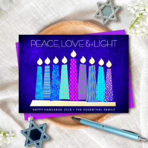 Carte De Vœux En Aluminium Bougies de Hanukkah Paix Amour Lumière Bleu Or Rée