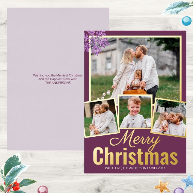 Carte De Vœux En Aluminium Boule de prune Snowflake 4 Photo Collage Gold (Custom Christmas cards with your 4 photo collage, unexpected plum purple and real gold foil accents)
