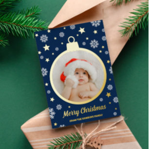 Carte De Vœux En Aluminium Boules de Noël Bleues et Étoiles Dorées Joyeux Noë