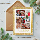 Carte De Vœux En Aluminium Bouon Natale Photo Collage Gold Winter Flocon de n<br><div class="desc">Buon Natale Photo Collage Gold Winter Snowflake Foil Holiday Card Foil Stamped Christmas Cards présente un collage photo de cinq de vos photos préférées avec le texte de feuille superposé "Buon Natale" dans la typographie script de calligraphie moderne sur un arrière - plan de flocons de neige sur un arrière...</div>