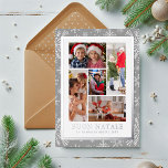 Carte De Vœux En Aluminium Bouon Natale Photo Collage Silver Winter Snowflake<br><div class="desc">Buon Natale Photo Collage Silver Winter Snowflake Foil Holiday Card Foil Stamped Christmas Cards présente un montage photo de cinq de vos photos préférées avec le texte de feuille superposé "Buon Natale" dans la typographie script de calligraphie moderne sur un arrière - plan de flocons de neige sur un arrière...</div>
