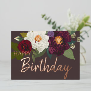 Carte De Vœux En Aluminium Bourgogne Blanc Floral Joyeux Anniversaire Vrai Or