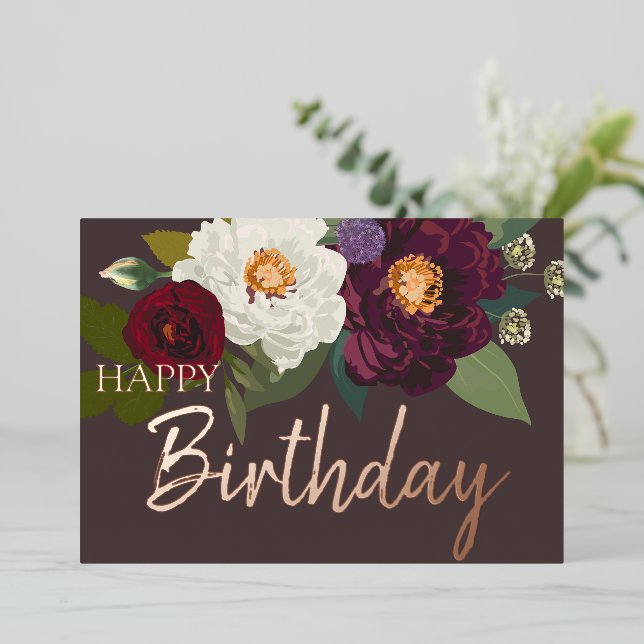 Carte De Vœux En Aluminium Bourgogne Blanc Floral Joyeux Anniversaire Vrai Or (Debout devant)