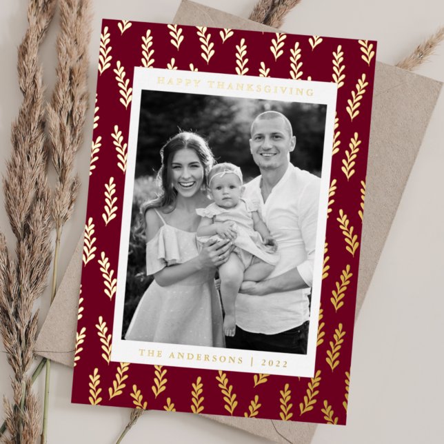 Carte De Vœux En Aluminium Bourgogne et feuillage doré Photo Thanksgiving (Créateur téléchargé)