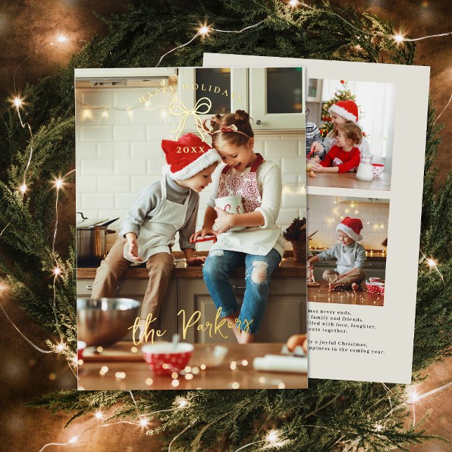 Carte De Vœux En Aluminium Bow en or rustique | Photos de famille Noël (Créateur téléchargé)