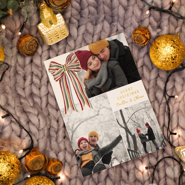 Carte De Vœux En Aluminium Bow rouge vert rayé Joyeux Noël Photo (Créateur téléchargé)