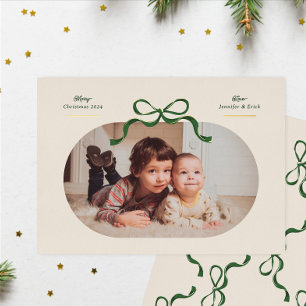 Carte De Vœux En Aluminium Bow vert et or Joyeux Noël Oval Photo