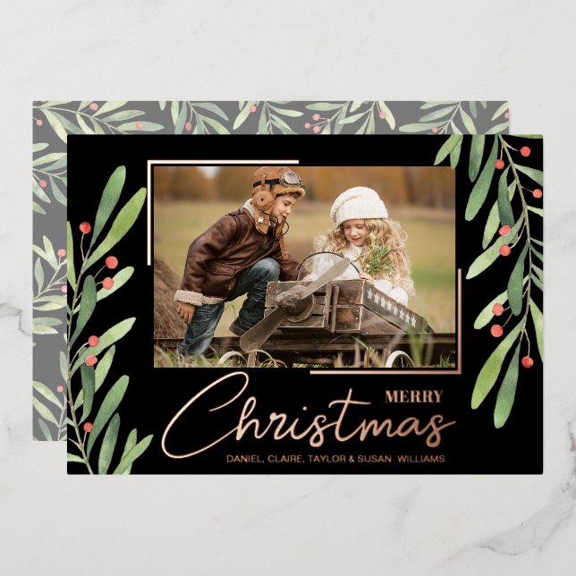Carte De Vœux En Aluminium Branch Berries on Black Christmas Photo Rose Gold (Recto/Verso)
