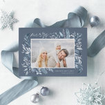 Carte De Vœux En Aluminium Branches glacées | Elégant argent photo<br><div class="desc">Cette carte de vacances simple et élégante d'inspiration nature présente votre photo horizontale ou paysagère préférée, ornée aux coins d'épices d'aquarelle bleue glacée gracieuse aux accents de feuille d'argent. "Merry" apparaît en haut à gauche dans des lettres manuscrites chic, avec vos noms et l'année en bas à droite. Un design...</div>