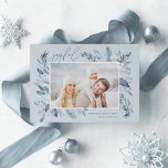 Carte De Vœux En Aluminium Branches glacées | Elégant argent photo<br><div class="desc">Cette carte de vacances simple et élégante d'inspiration nature présente votre photo horizontale ou paysagère préférée, ornée aux coins d'épices d'aquarelle bleue glacée gracieuse aux accents de feuille d'argent. "Joyful" apparaît en haut à gauche en écriture manuscrite chic, avec vos noms et l'année en bas à droite. Un design botanique...</div>