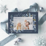 Carte De Vœux En Aluminium Branches glacées | Elégant Photo Gold<br><div class="desc">Cette carte de vacances simple et élégante d'inspiration nature présente votre photo horizontale ou paysagère préférée, ornée aux coins d'ardoises de gracieuses aquarelles bleues glacées aux accents dorés. "Joyful" apparaît en haut à gauche en écriture manuscrite chic, avec vos noms et l'année en bas à droite. Un design botanique élégant...</div>
