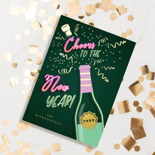 Carte De Vœux En Aluminium Bravo pour le Nouvel An Fun Retro Neon Vin bouteil