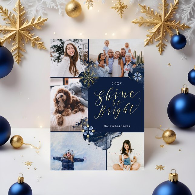 Carte De Vœux En Aluminium Brille si brillant & Marine Gold Agate Encre Cinq  (Shine So Bright & Navy Gold Agate Ink Five Photo Foil Holiday Card)