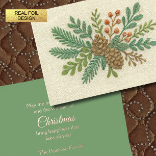 Carte De Vœux En Aluminium Broderie Noël Floral Sprig Pinecone