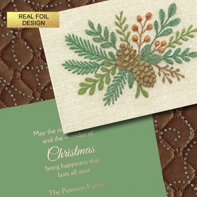 Carte De Vœux En Aluminium Broderie Noël Floral Sprig Pinecone (Créateur téléchargé)
